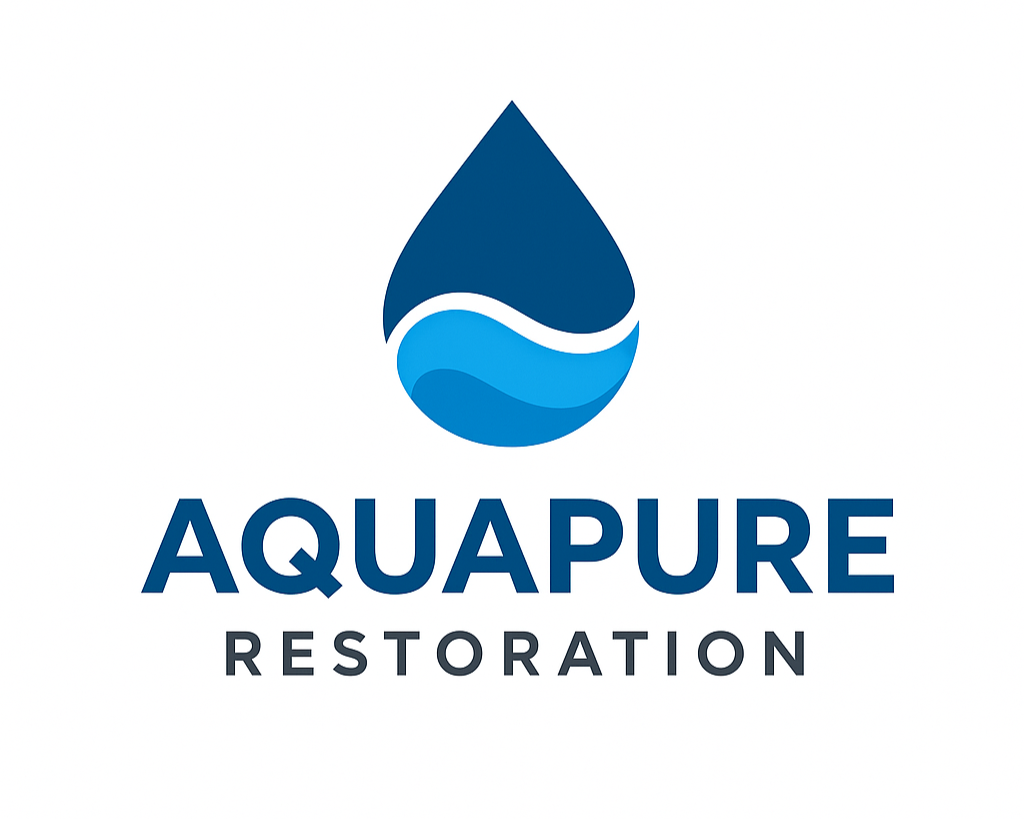 Aquapure Restoration logo with blue water droplet and wavy lines