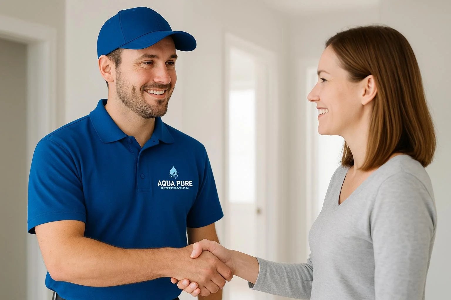 Aqua Pure technician in blue uniform shaking hands with customer